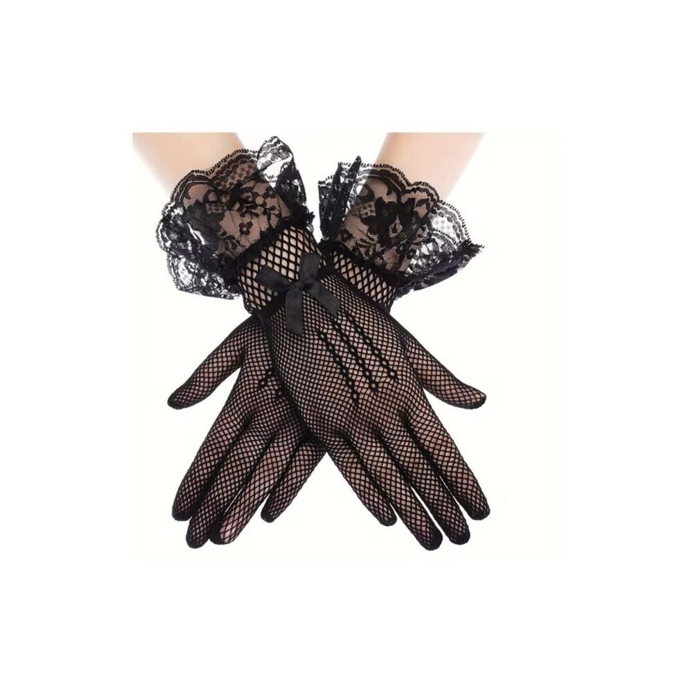 Fishnet Gloves Black Lace Trim Satin Bow Dance Gothic Carnival Role-Playing